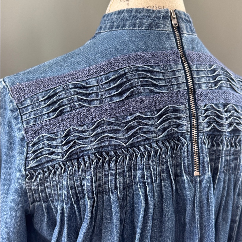 Needle & Thread pintucked embroidered denim high neck blouse EUC size small - Picture 7 of 12
